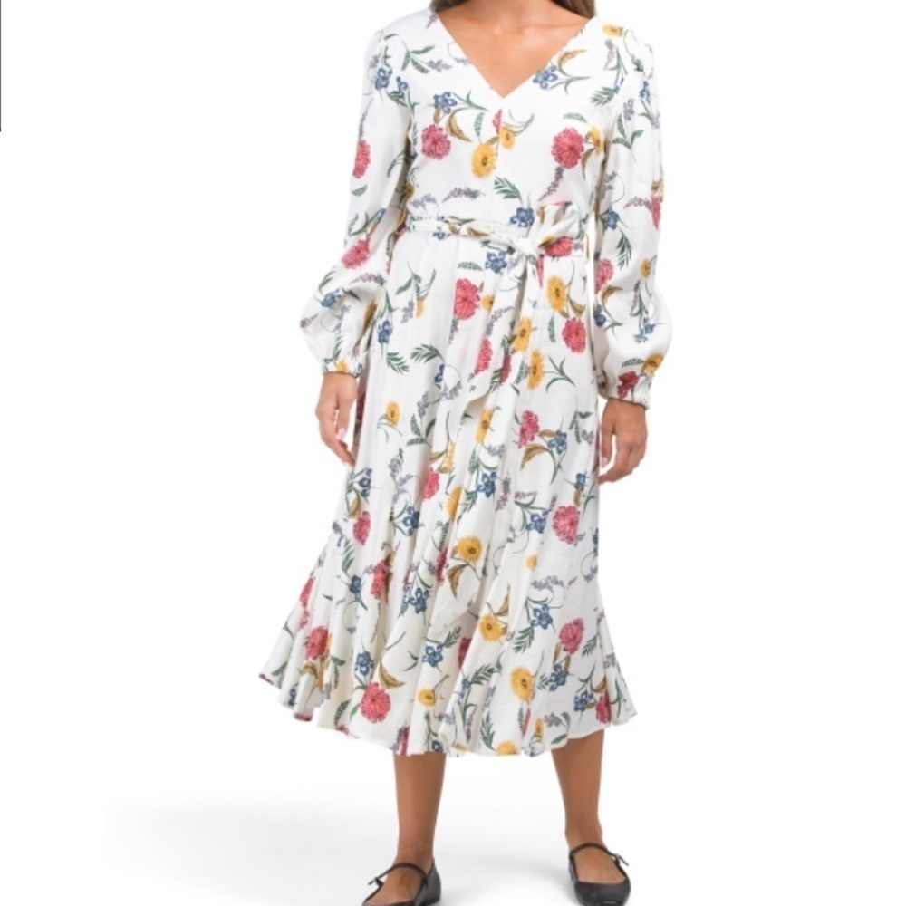 NWT ELLIE TAHARI Waist Linen Blend V-neck French Garden Midi Dress With Tie